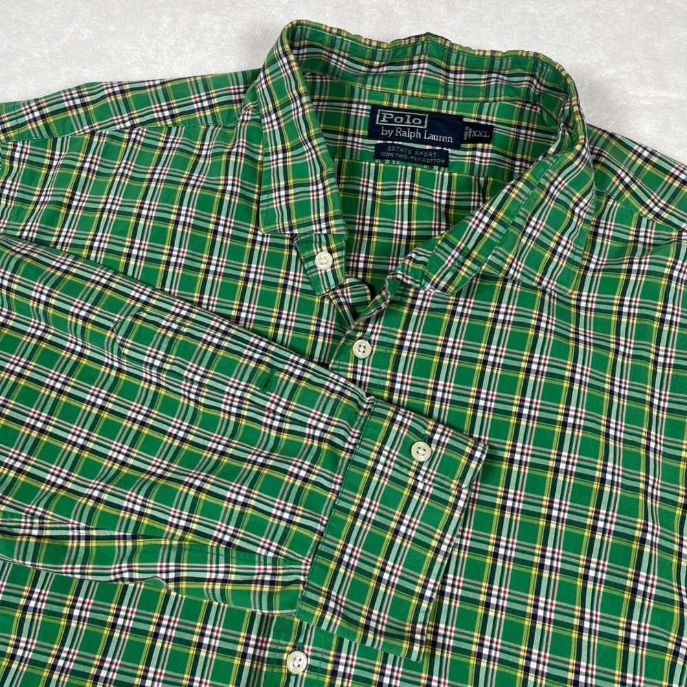 Polo Ralph Lauren Button Down Shirt Mens XXL Green Plaid Estate Sport Cotton